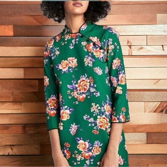 ZARA WOMAN Cheongsam Mini Dress Mandarin Collar Green Floral Size Small - Picture 5 of 16